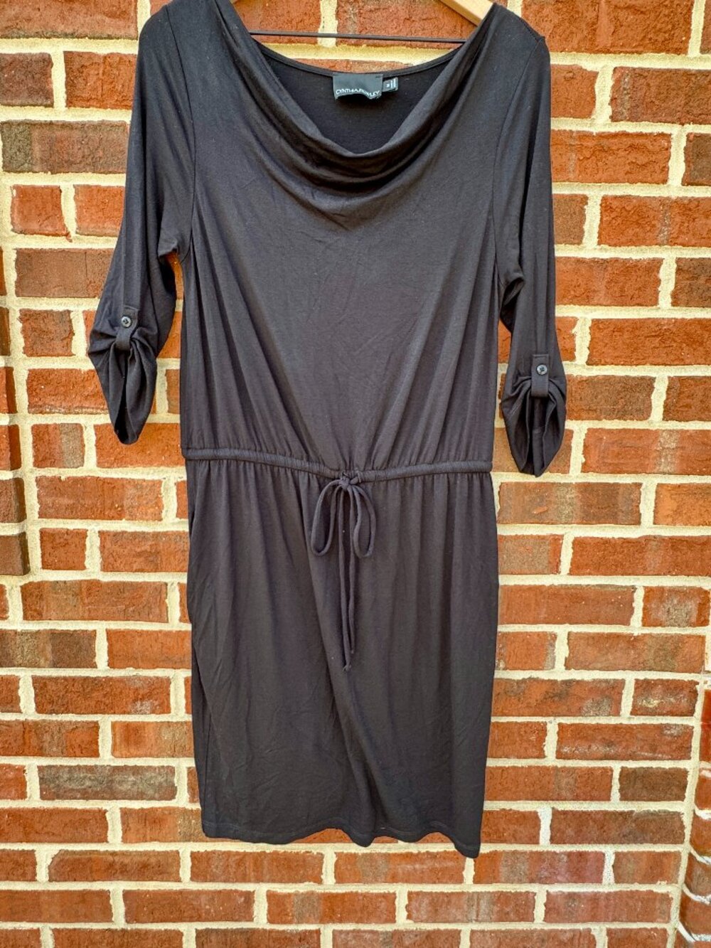 Cynthia Rowley Dress Medium Black Cowl Neck 3/4 Roll Tab Sleeve Pockets